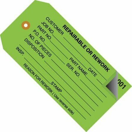 BSC PREFERRED 4 3/4 x 2-3/8'' - ''RePairsable or Rework'' Inspection Tags 2 Part - Numbered 000 - 499, 500PK S-7223